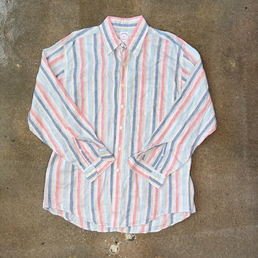 Brooks Brothers 346 Mens Large Linen Button Down Shirt Striped Multi Color L/S